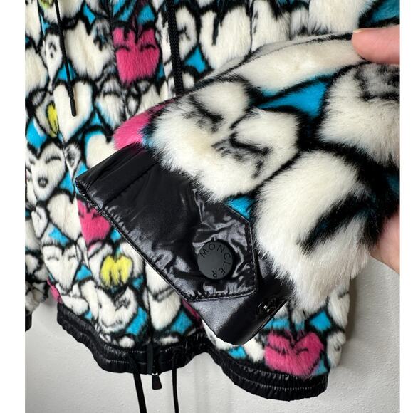 Moncler Grenoble White Heart Print Faux Fur Fuzzy Oversized Hoodie Jacket Large - Picture 4 of 16